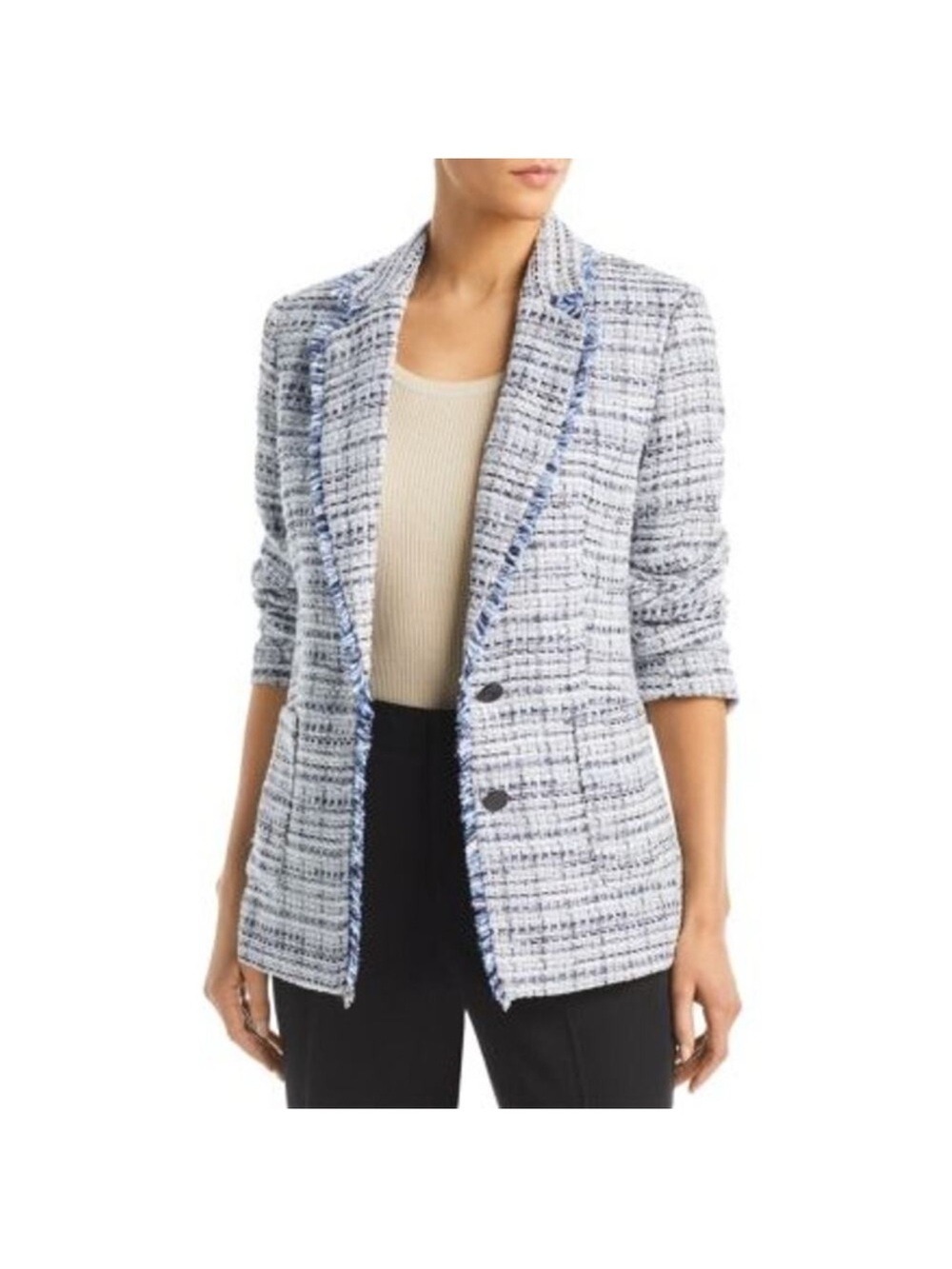 Karl Lagerfeld Paris Blue Tweed Fringe Blazer Jacket Size 4 - Picture 3 of 11